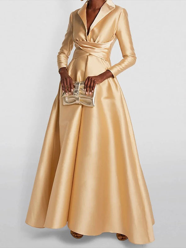 Solid Color V-Neck Maxi Dress with High Waisted A-Line Pleats