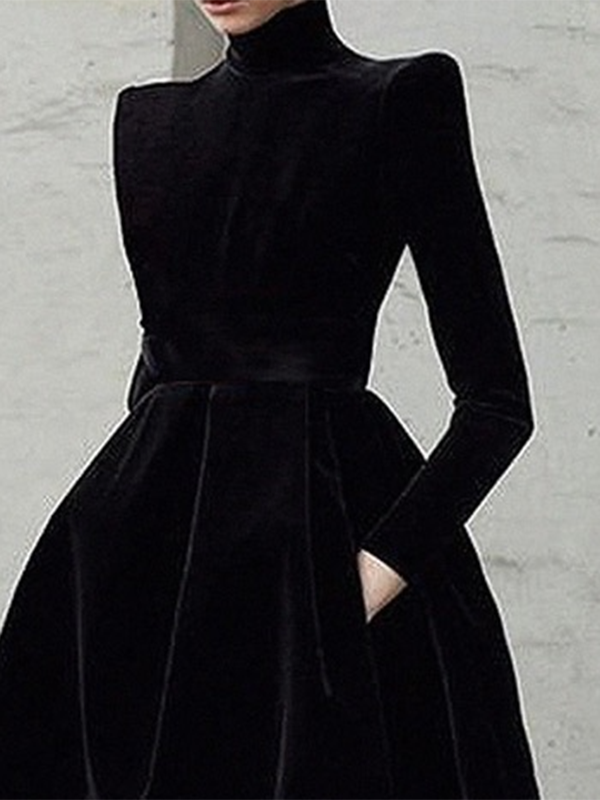 High Neck Midi Dress with Long Sleeves and Slim Fit in Solid Colors