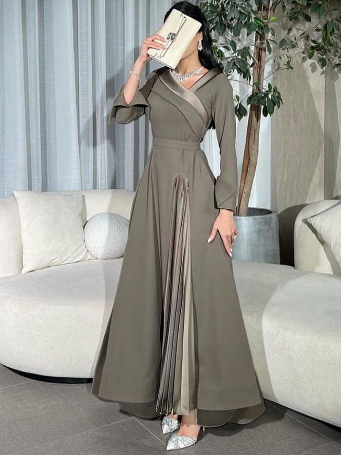 Solid Color A-Line Wrap Maxi Dress with Pleated Design and V-Neck Split Joint