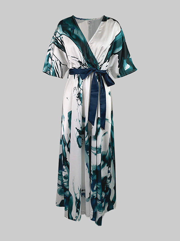 V-Neck Maxi Dress with Batwing Sleeves, Loose Fit, Printed Design, and Tied Waist