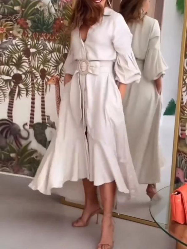 High-Low Puff Sleeves Pleated Solid Color Lapel Collar Maxi Dresses