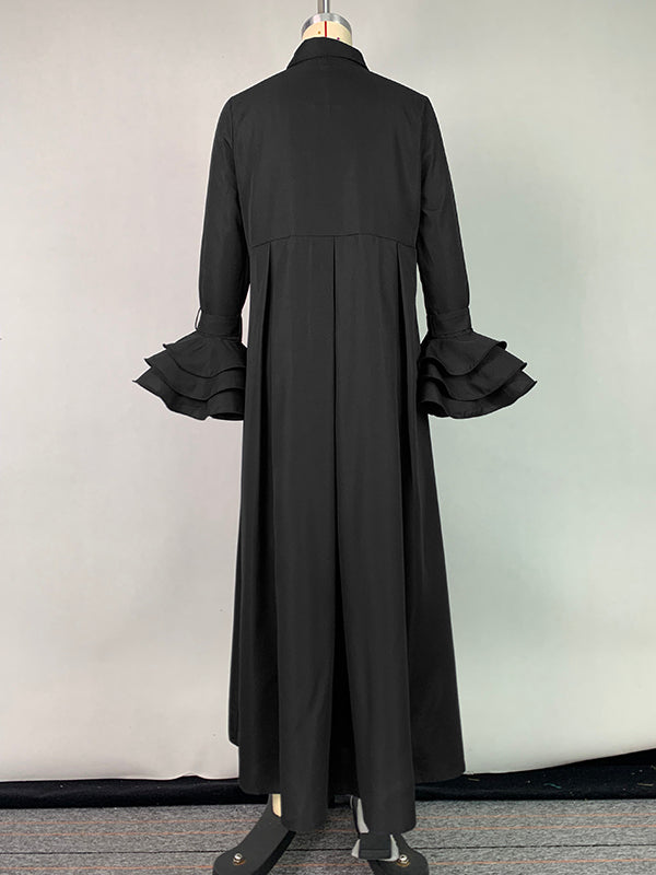 Maxi Shirt Dress with Flared Sleeves, Pleated Design, and Split-Joint Lapel in Solid Color