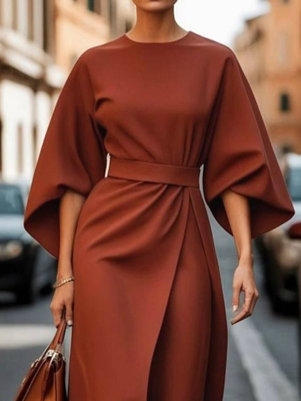 Pleated Midi Dress with Loose Puff Sleeves and Solid Color Split-Joint Round Neck