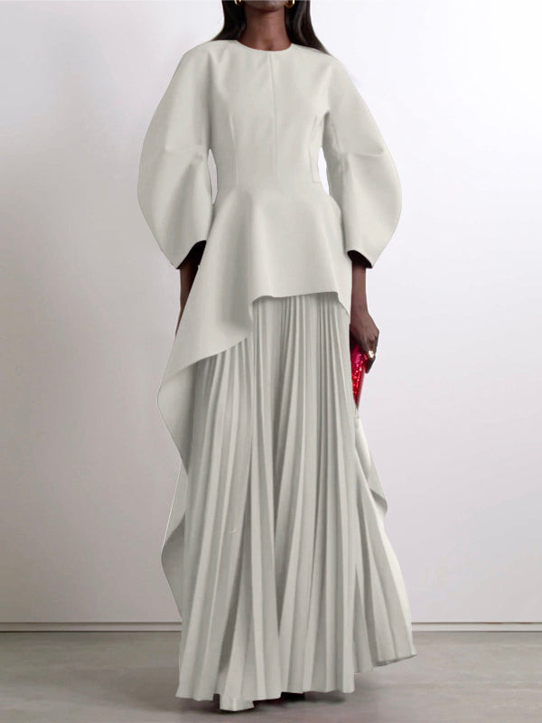 Maxi Dress with Long Sleeves, Loose Fit, Pleated Design, Solid Color, Split-Joint, and Tiered Round Neck