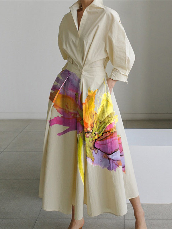 Floral Print Midi Dress Shirt with Long Sleeves, Pleated Design, Tied Waist, and Split-Joint Detail