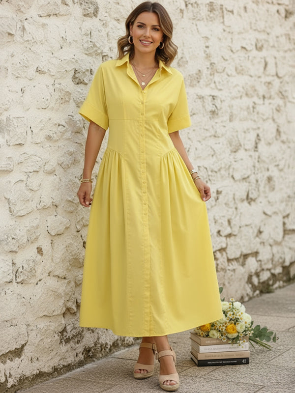 Button-Up Midi Shirt Dress with Loose Short Sleeves, Pleated Design, and Lapel Collar in Solid Color