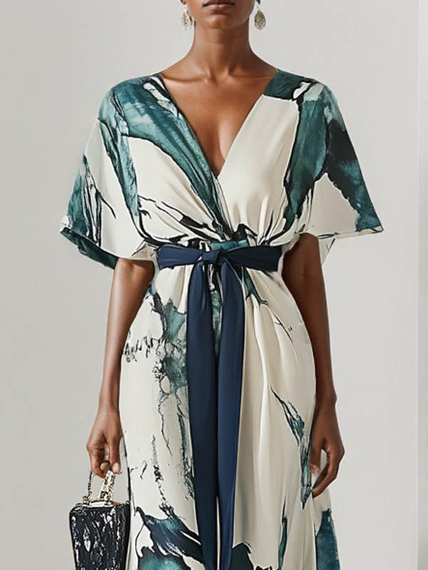 V-Neck Maxi Dress with Batwing Sleeves, Loose Fit, Printed Design, and Tied Waist