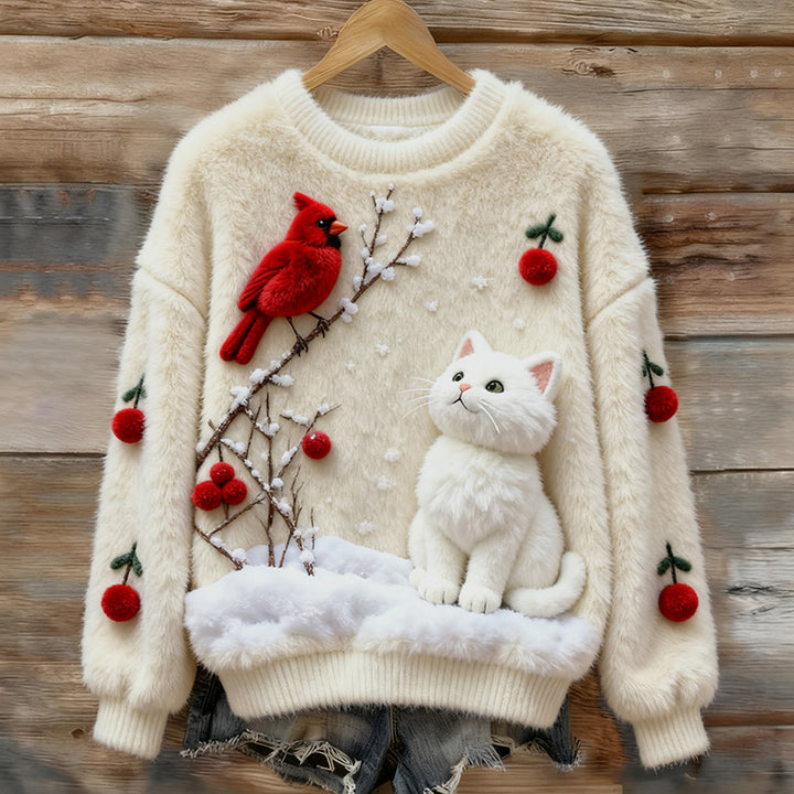 Molly™ | Women's Christmas Robin And Cat Plush Sweater