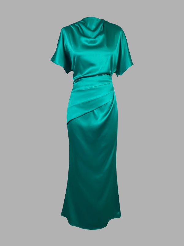 Flowy Solid Color Maxi Dress with Short Loose Sleeves and Pleated Design