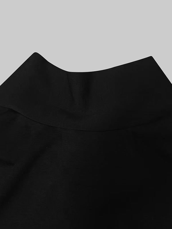 Loose Puff Sleeves Buttoned Split-side Mock Neck Maxi Dresses