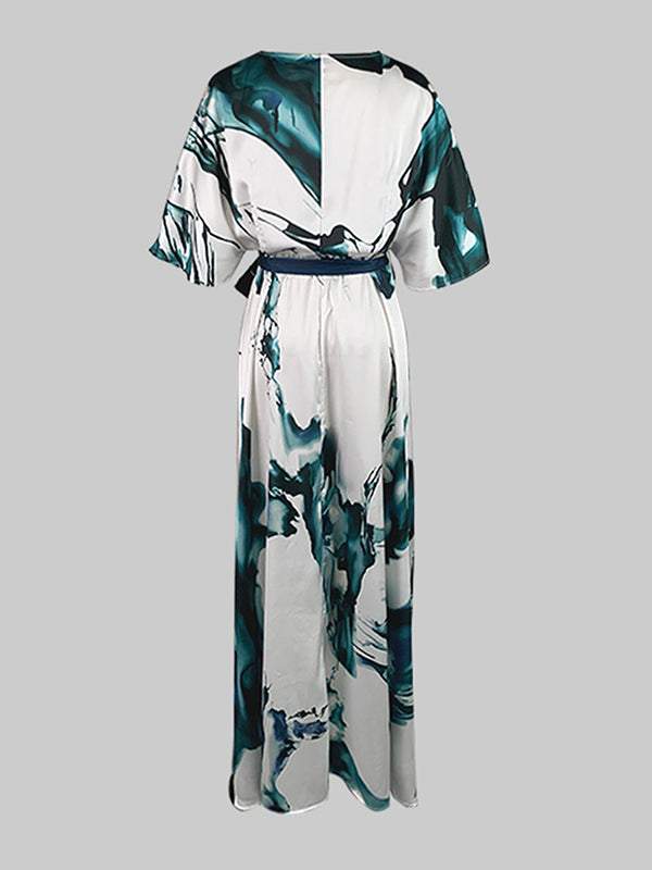 V-Neck Maxi Dress with Batwing Sleeves, Loose Fit, Printed Design, and Tied Waist