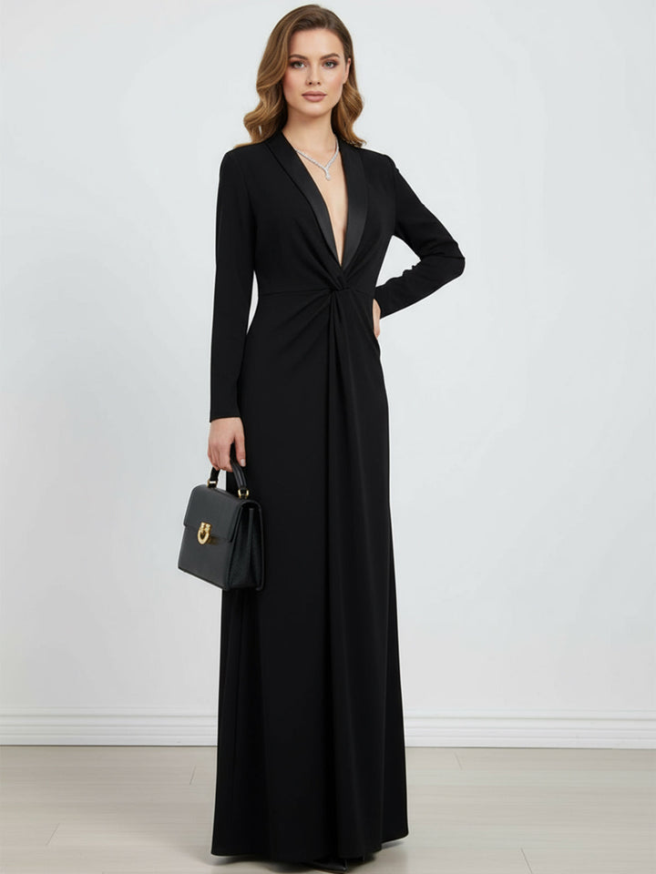 Deep V-Neck Maxi Dress with Long Sleeves and Slim Fit in Solid Colors