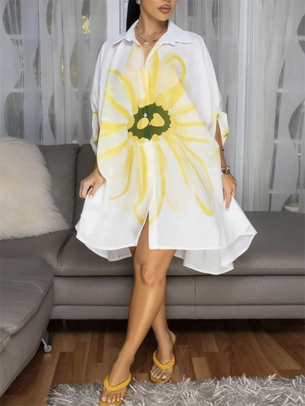 Half Sleeves Loose Buttoned Flower Print Lapel Mini Dresses Shirt Dress