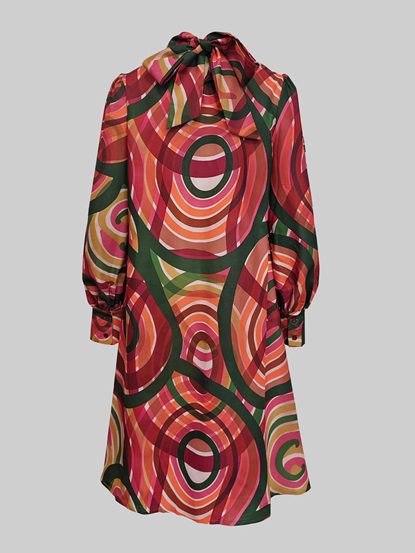 A-Line Long Sleeves Contrast Color High Neck Midi Dresses