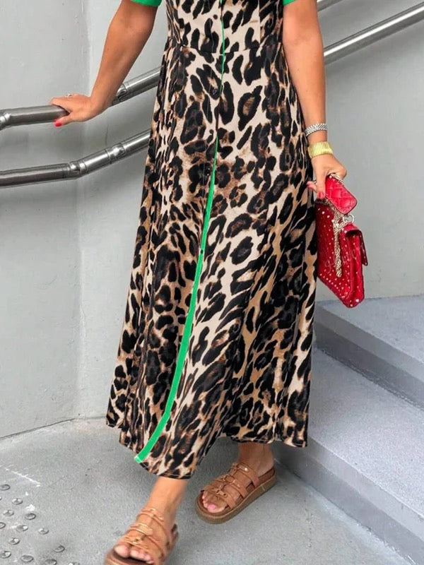 Loose Short Sleeves Buttoned Contrast Color Leopard Lapel Maxi Dresses Shirt Dress