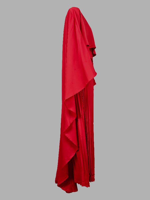 Maxi Evening Dress with Cape, High-Low Pleats, Solid Color, and Split Joint Round Neck