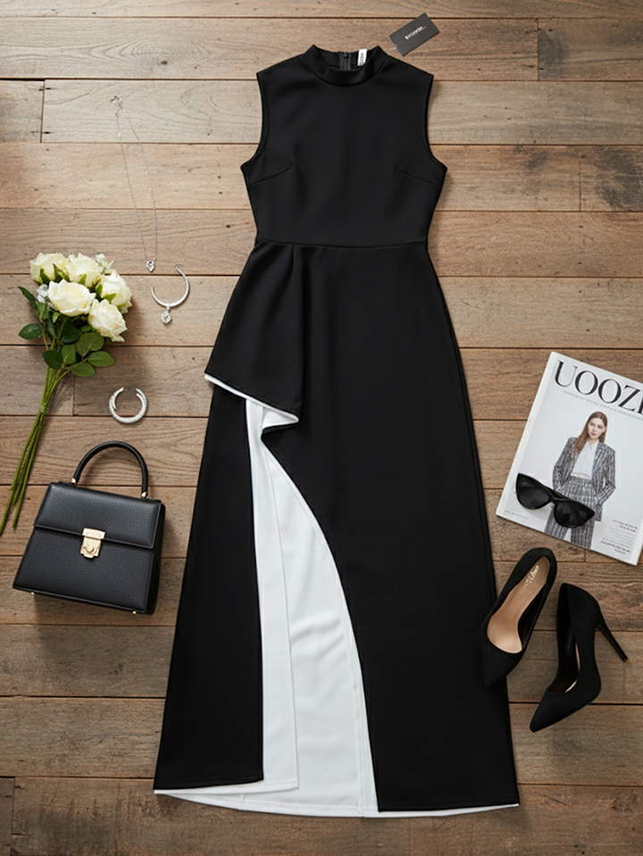 Contrast Color Round-Neck Maxi Dress with Irregular Clipping and Skinny Fit