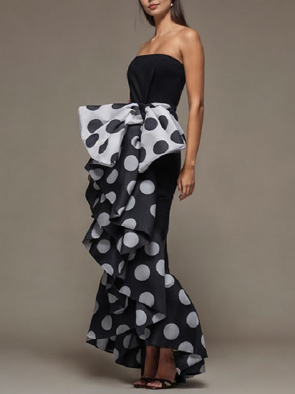 Polka Dot Pleated Maxi Dress with Sleeveless Design and Bow Detail