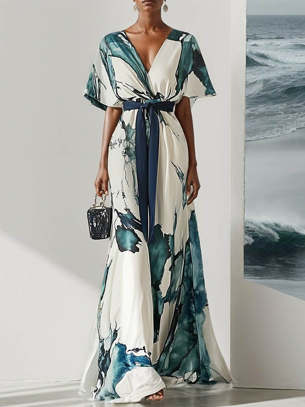 V-Neck Maxi Dress with Batwing Sleeves, Loose Fit, Printed Design, and Tied Waist