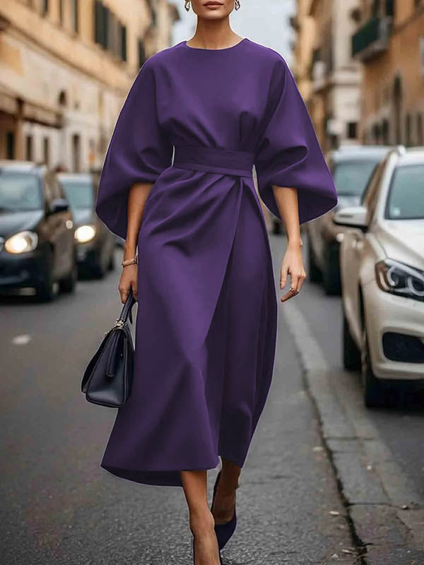 Pleated Midi Dress with Loose Puff Sleeves and Solid Color Split-Joint Round Neck