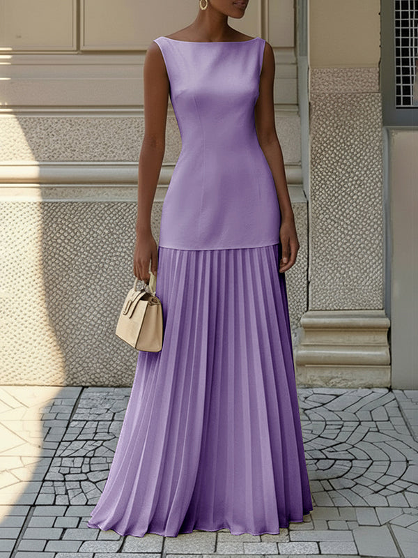 Sleeveless Pleated Gauze Maxi Dress with Boat Neck and Split Joint Design