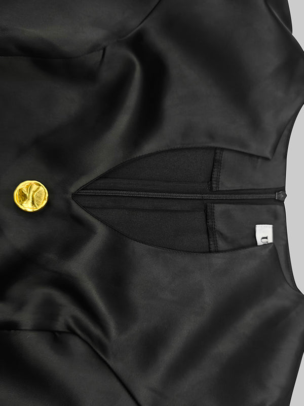 Long Sleeves Puff Sleeves Buttoned Solid Color Deep V-Neck Midi Dresses