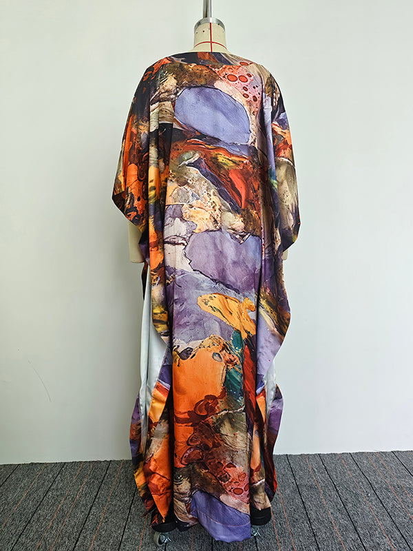 Batwing Sleeves Loose Gauze Printed Split-Joint V-Neck Maxi Dresses