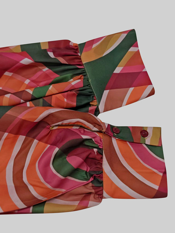 A-Line Long Sleeves Contrast Color High Neck Midi Dresses