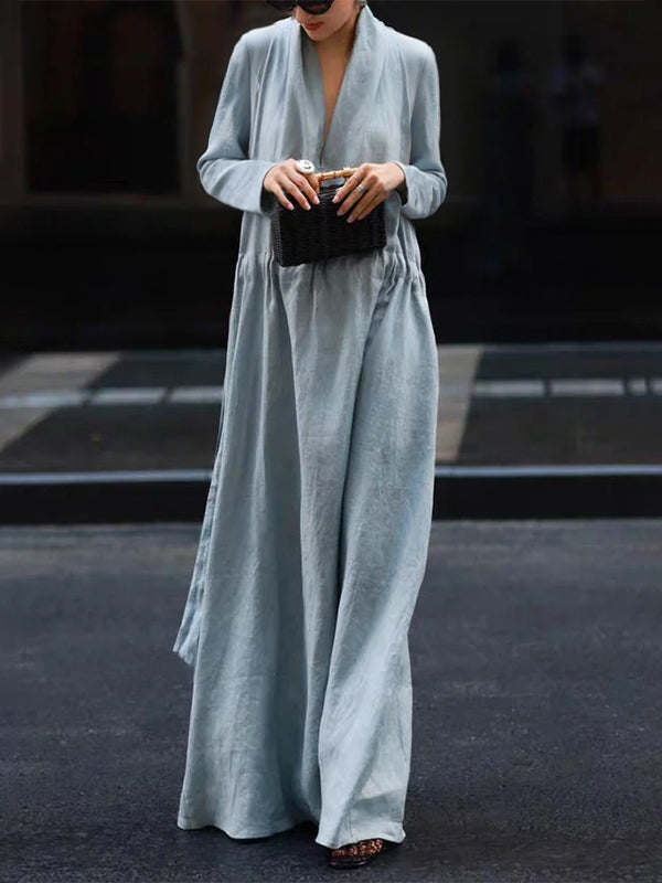 Long Sleeves Loose Elasticity Solid Color V-Neck Maxi Dresses
