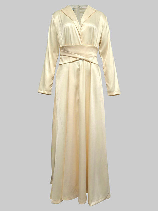 Solid Color V-Neck Maxi Dress with High Waisted A-Line Pleats