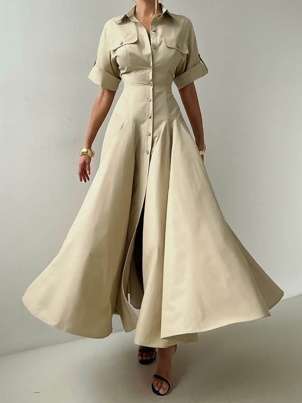 Maxi Shirt Dress with Short Sleeves, Button Closure, and Solid Color Lapel