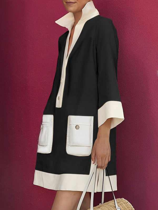 A-Line Loose Buttoned Contrast Color Pockets Stand Collar Mini Dresses