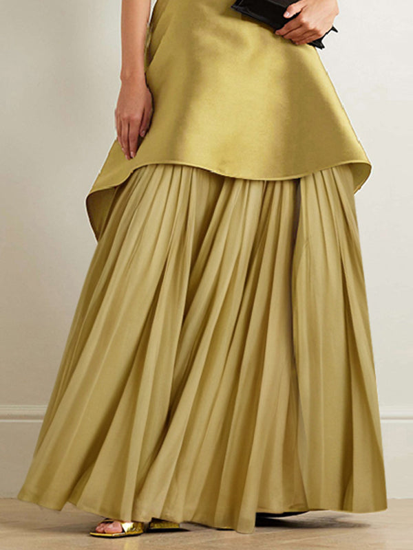 A-Line Loose Pleated Solid Color Split-Joint Tiered Round-Neck Evening Dresses Maxi Dresses