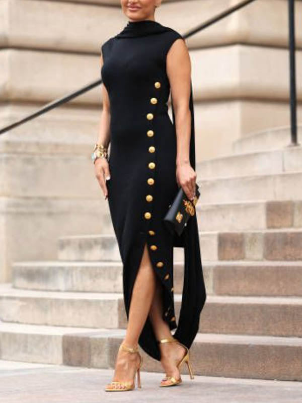 Flowy Sleeveless Solid Color Maxi Dress with Split-Side and Shawl Collar