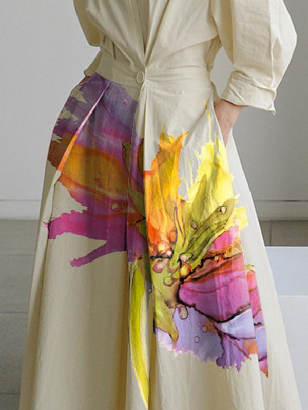 Floral Print Midi Dress Shirt with Long Sleeves, Pleated Design, Tied Waist, and Split-Joint Detail