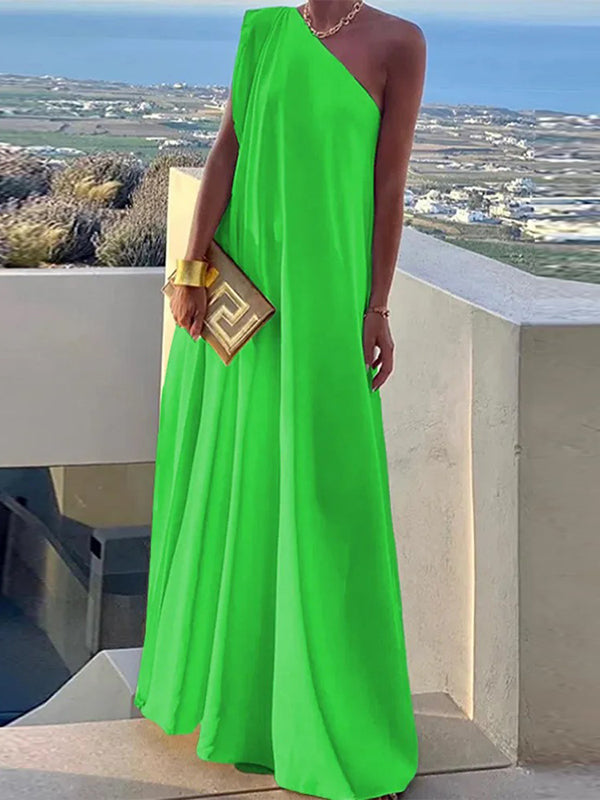 Asymmetrical Solid Color One-Shoulder Maxi Dress with Split Detail