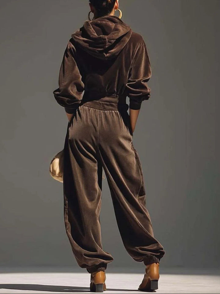 Olivia™ | Vintage Brown Velvet Hoodie and Relaxed Trousers Set
