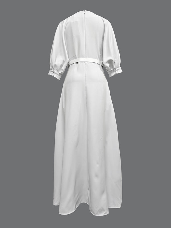 Half Sleeves Loose Belted Solid Color Deep V-Neck Maxi Dresses