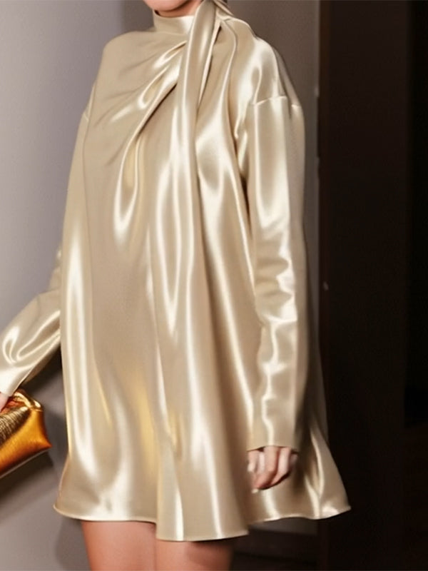 Long Sleeves Loose Shiny Solid Color High Neck Mini Dresses
