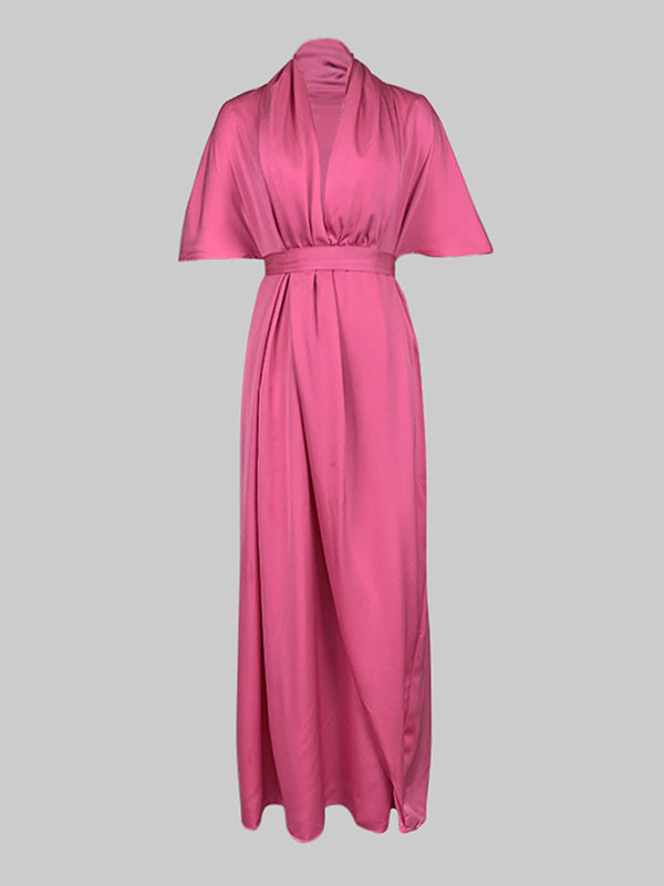 Asymmetric Pleated V-Neck Maxi Dress Shirt with Loose Short Sleeves and Solid Color Design