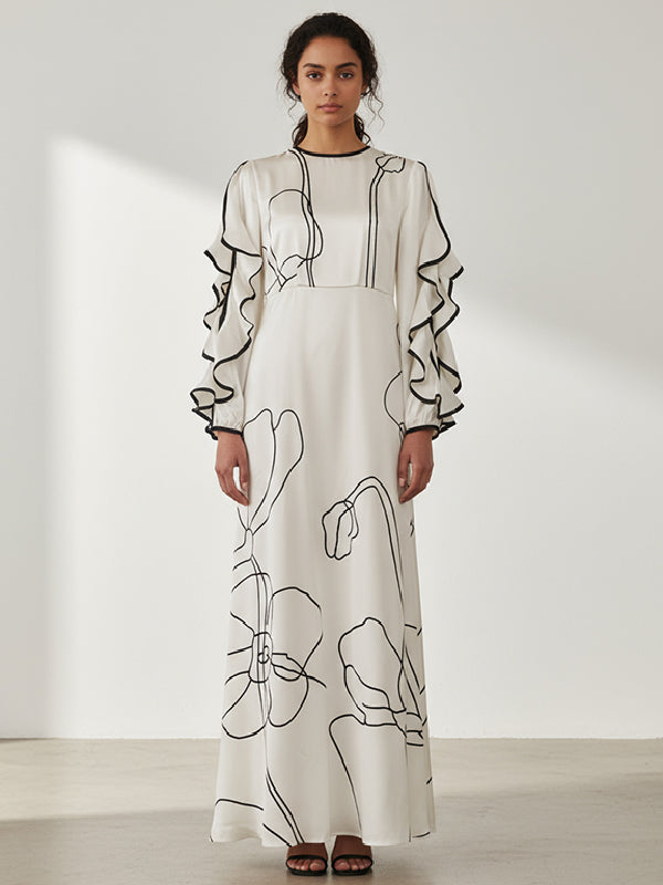 Maxi Dress with Ruffled Floral Print, Hollow Design, and Contrast Colors