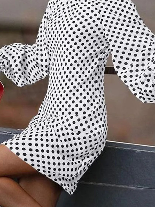 Loose Puff Sleeves Pleated Polka-Dot Split-Joint High Neck Mini Dresses Shirt Dress