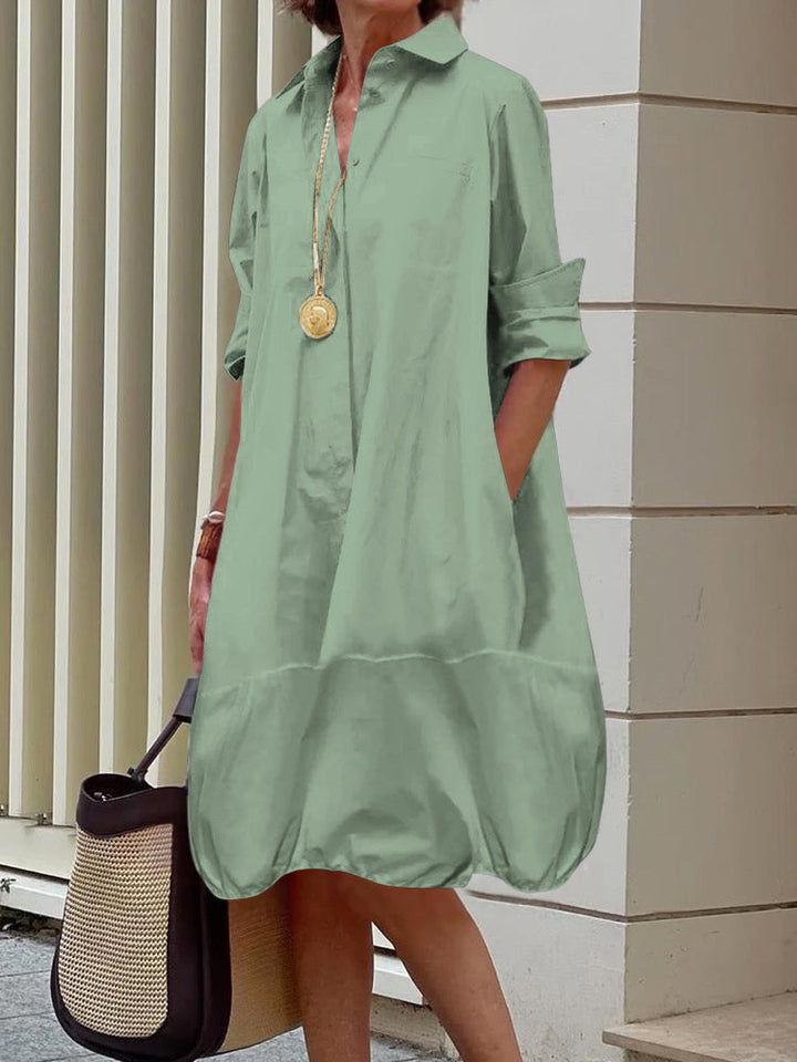 Midi Shirt Dress with Long Sleeves and Lapel Collar in Solid Color
