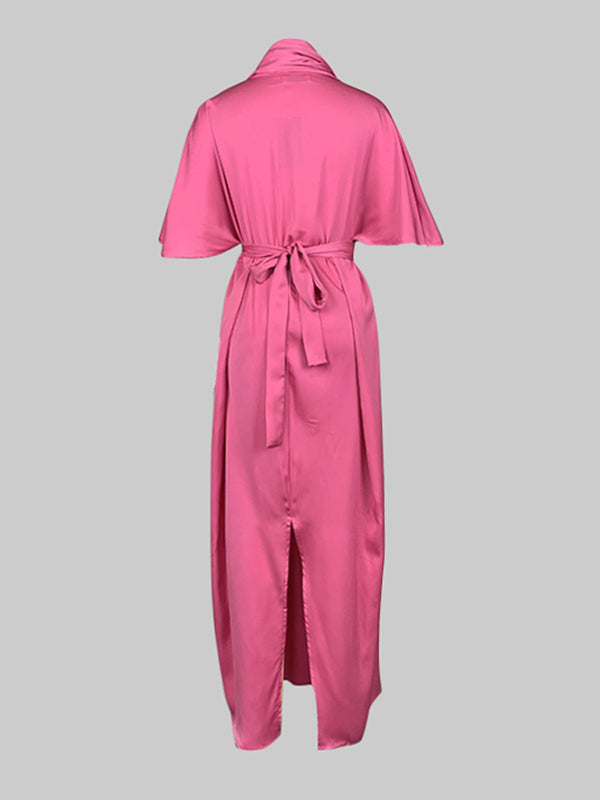 Asymmetric Pleated V-Neck Maxi Dress Shirt with Loose Short Sleeves and Solid Color Design