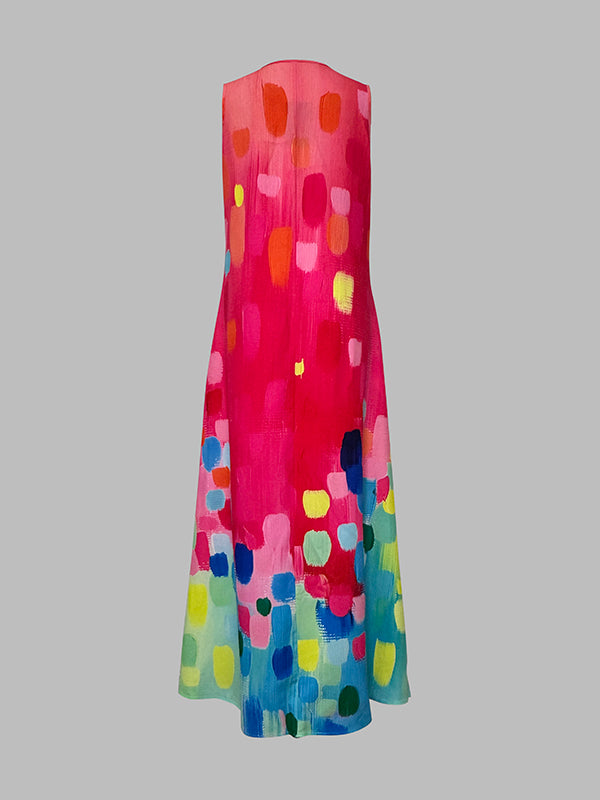 Flowy Sleeveless V-Neck Maxi Dress with Contrast Color Print