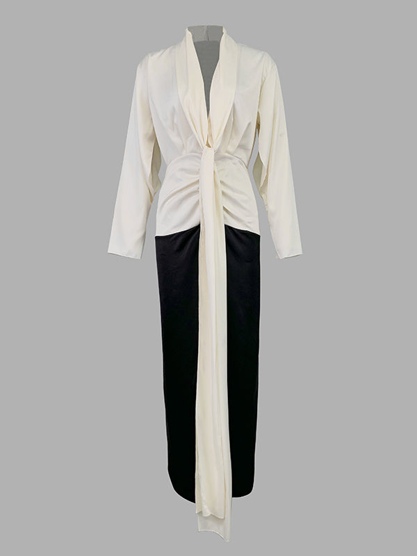 V-Neck Evening Maxi Dress with Long Sleeves and Contrast Color Design