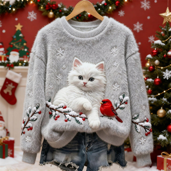 Tilly™ | Christmas Cat & Bird Art Women's Flannel Sweater