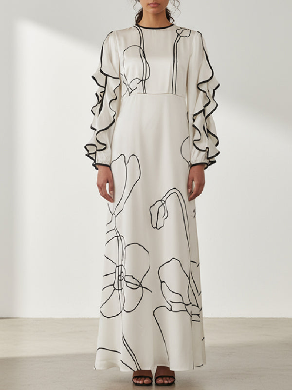 Maxi Dress with Ruffled Floral Print, Hollow Design, and Contrast Colors
