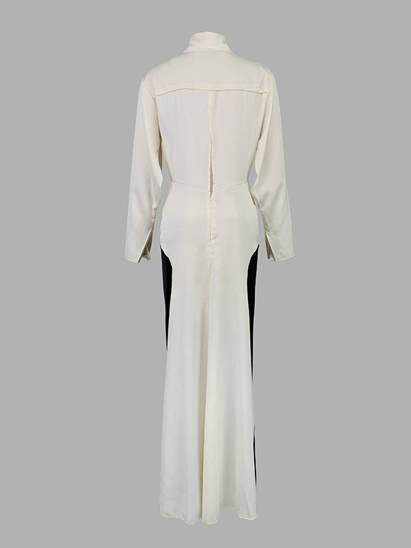 V-Neck Evening Maxi Dress with Long Sleeves and Contrast Color Design