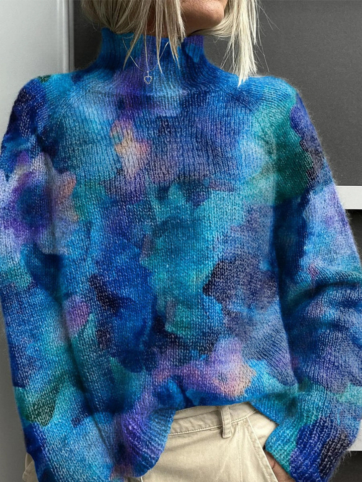 Patsy | Abstract Floral Knit Turtleneck Sweater in Watercolor Design